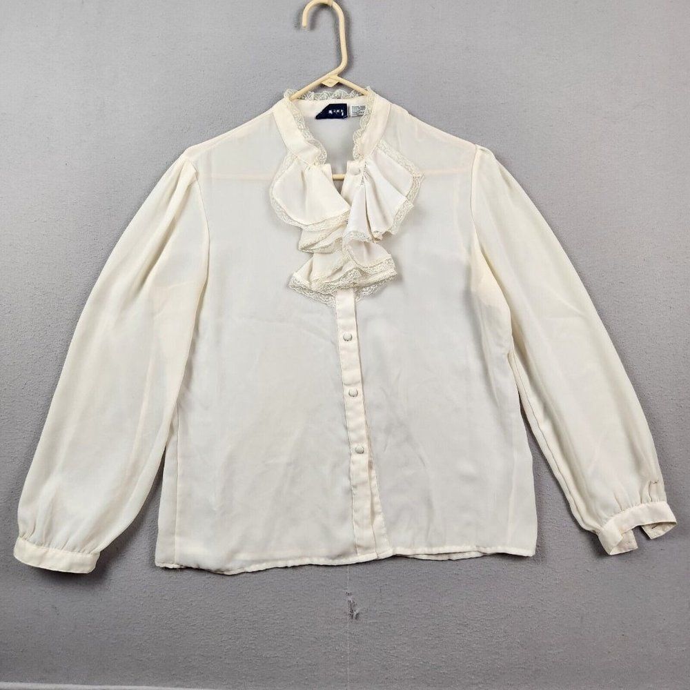 Vtg Ann Chabrol Ruffle Neck 80s Secretary Blouse Sz L 36 White